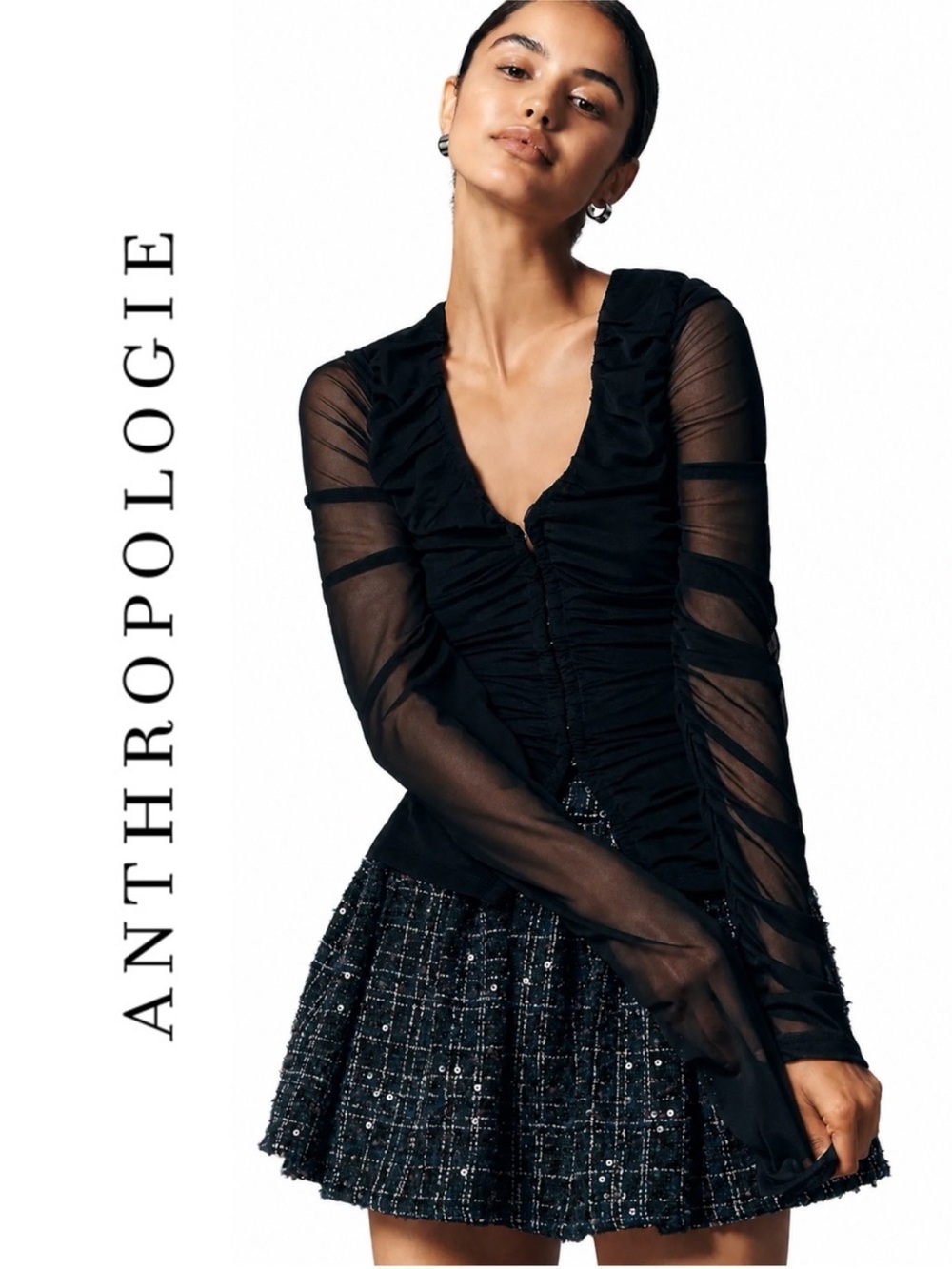 NWT! Anthropologie Maeve Ruched Long-Sleeve V-Neck Top